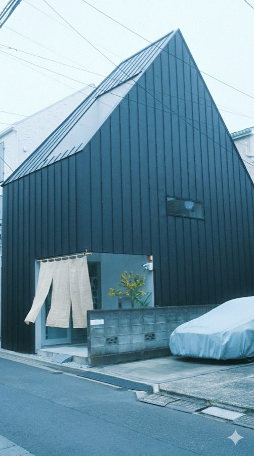 黒い三角屋根と白い暖簾が目印の美禅トーキョー外観